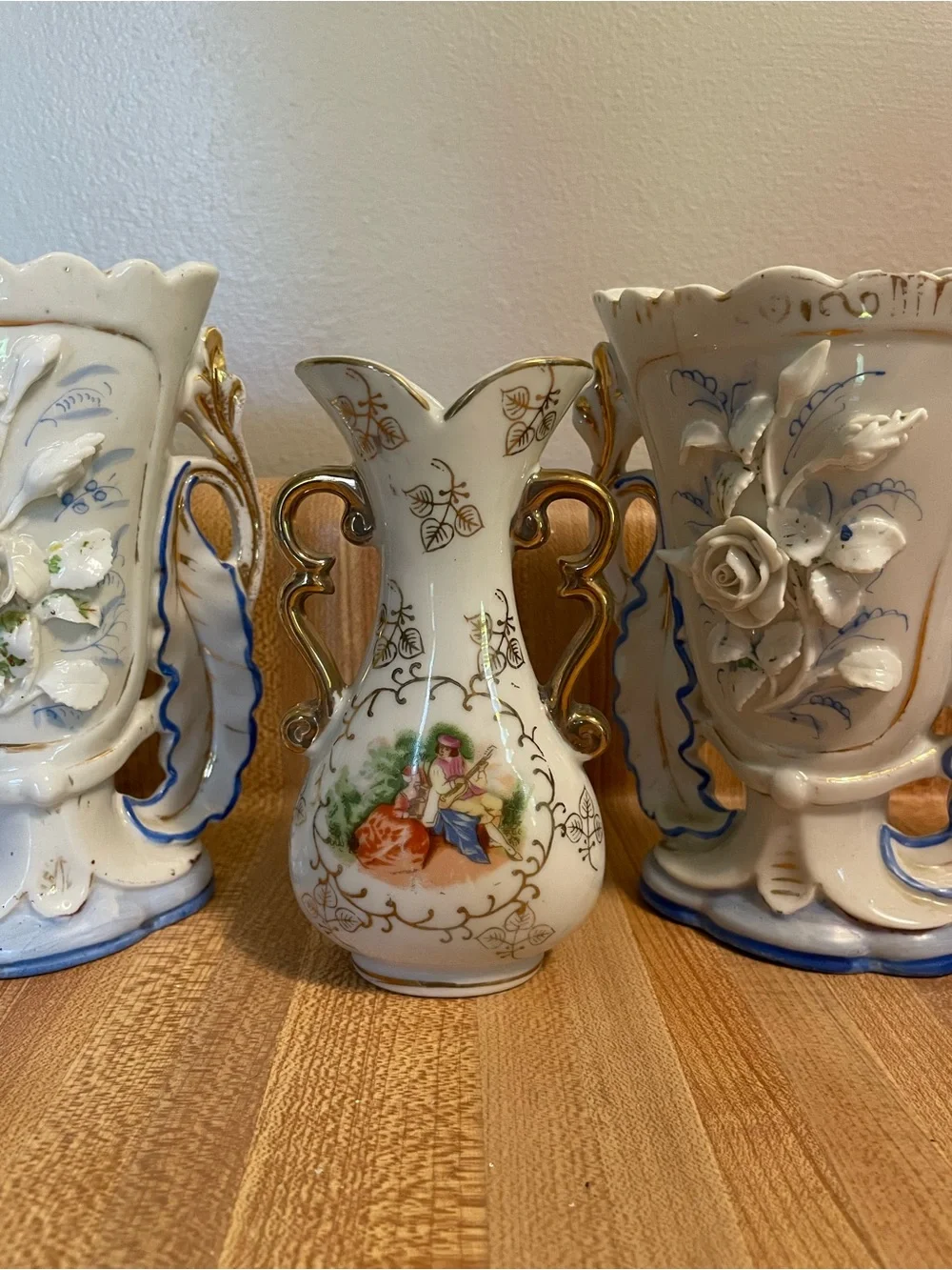 Vintage White and Blue Floral Ceramic Vase with Gold Handles
